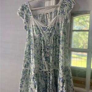 Free People White Floral Button-Front Midi Dress with Blue and Green Print